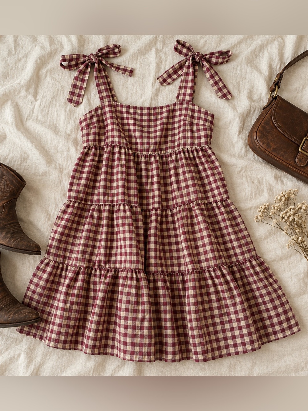 Burgundy Cream Gingham Tie Shoulder Tiered Mini Dress Cottagecore Approx M/L
